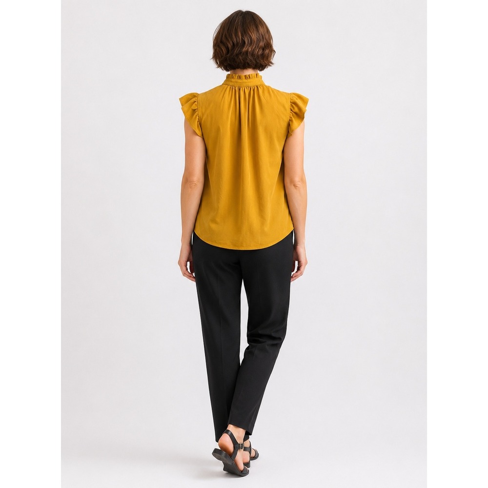 Voy Womens Mustard Yellow Faux Suede Ruffle Neck Tie Sleeveless Blouse Top S - Picture 2 of 7